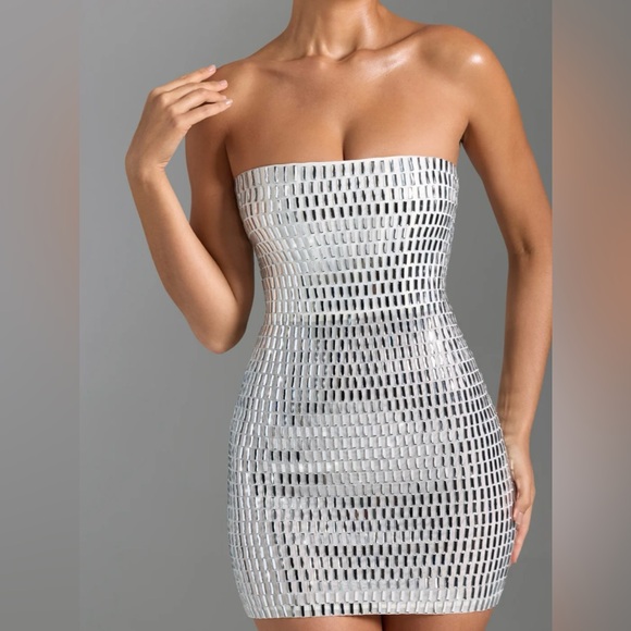 Oh Polly Aurora Embellished Bandeau Mini Dress in White - Picture 1 of 4